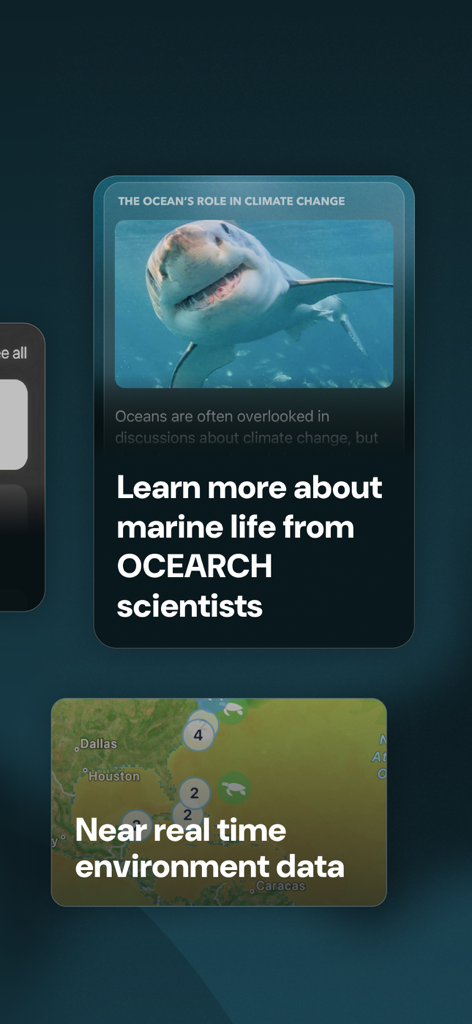 Interface of OCEARCH app showing marine life education and a real-time tracking map with environmental data.