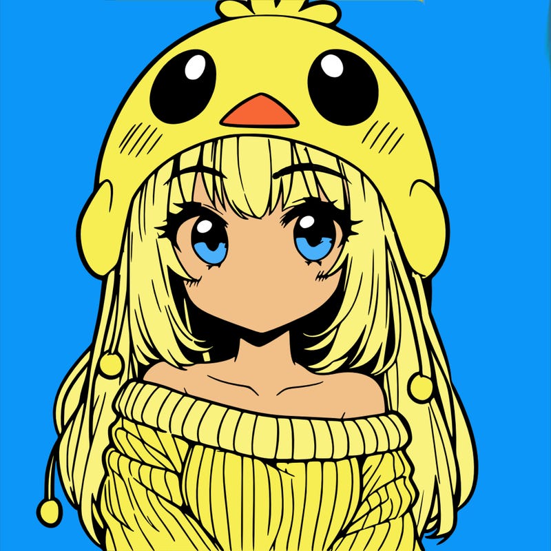anime girl with chick shaped hat with sweater with bare shoulders with bangs covering them one eye with low tail