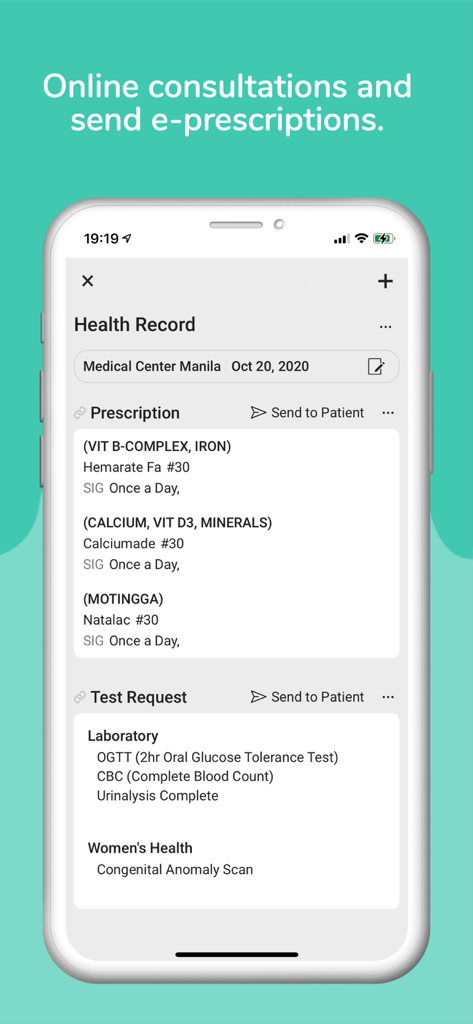 A mobile interface of SeriousMD Doctors app displaying a patient health record with e-prescriptions and lab test requests