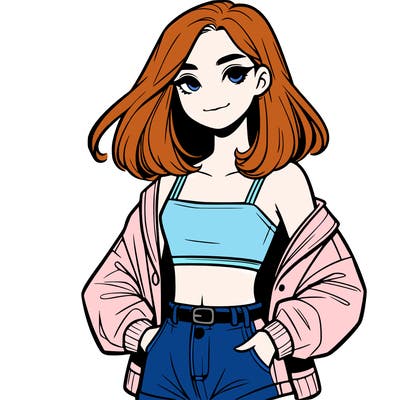 a realistic girl with a crop top and short shorts in an open jacket