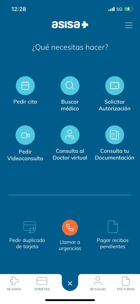 Menú principal de la aplicación ASISA con iconos para reservar citas, buscar médicos y solicitar videoconsultas.