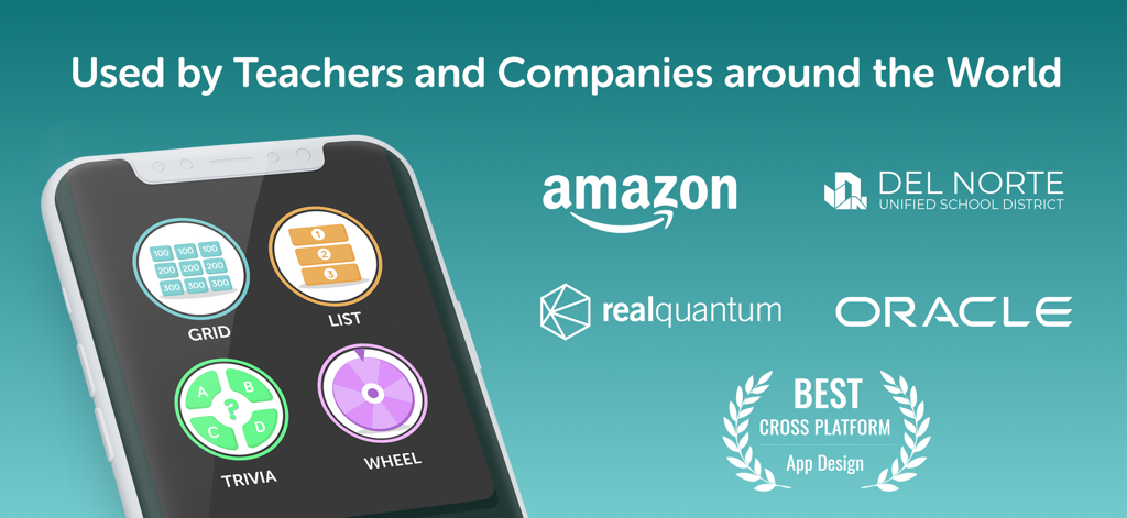 Trivia Maker - Quiz Creator - Gráfico promocional de la aplicación Trivia Maker que muestra modos de juego y logotipos de las principales empresas y escuelas que la utilizan