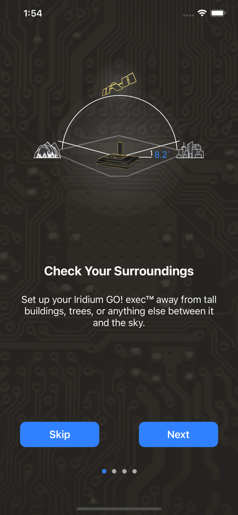 Iridium GO! exec - Setup screen of Iridium GO! exec app showing instructions to check surroundings for optimal satellite signal