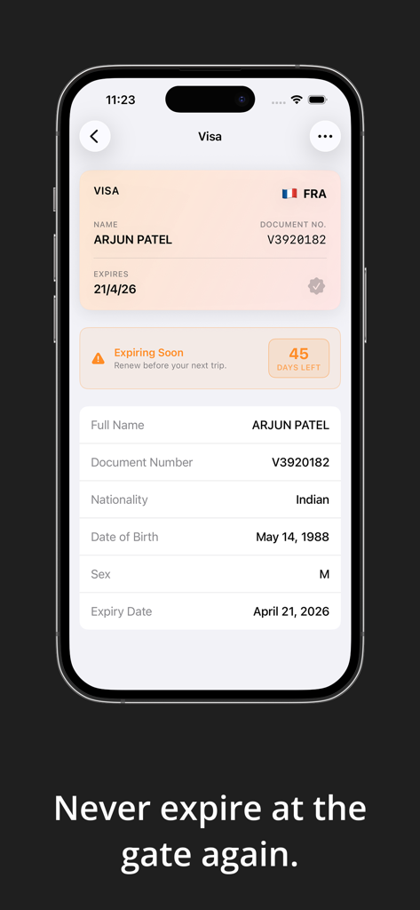 FlyID - Smartphone-Bildschirm mit der FlyID-App, die ein französisches Visum und eine Warnung zum Ablaufdatum in 45 Tagen anzeigt.