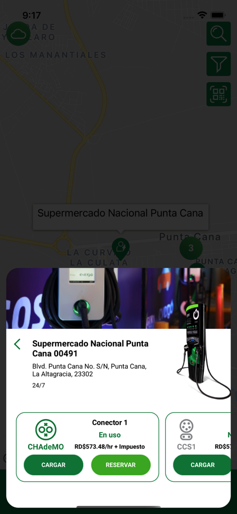 Evergo app showing charging station location details and real-time connector status in Punta Cana