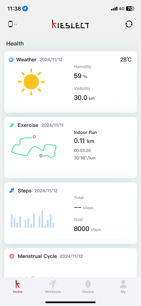 Tableau de bord de santé Kstyle OS avec widgets météo, suivi d'exercice et objectif de pas quotidien.