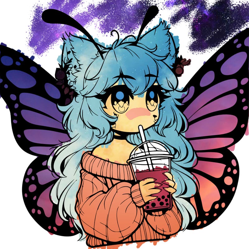 a realistic butterfly/furry girl drinking boba