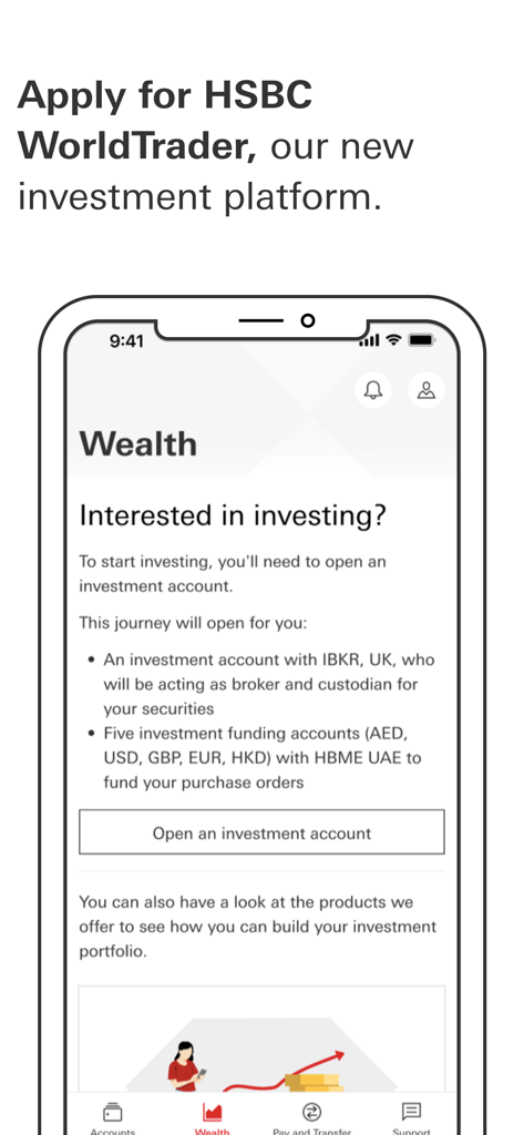 Ein mobiler Bildschirm der HSBC UAE App, der den Abschnitt Vermögen zur Eröffnung eines WorldTrader-Investitionskontos zeigt