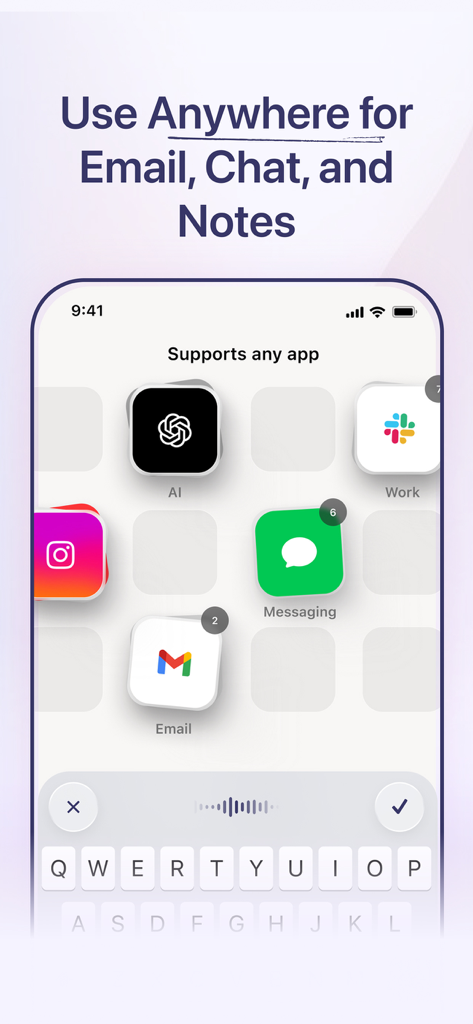Willow Dictation & AI Keyboard - Screenshot der Willow KI-Tastatur, die die Unterstützung für Apps wie Gmail, Slack und ChatGPT zur Diktierung zeigt.