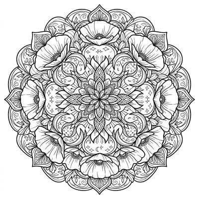 Immerse yourself in the serene beauty of our Poppy Mandalas Night Time coloring page, blending intricate floral patterns with celestial elements. This mesmerizing design offers a peaceful escape, perfect for creative relaxation.