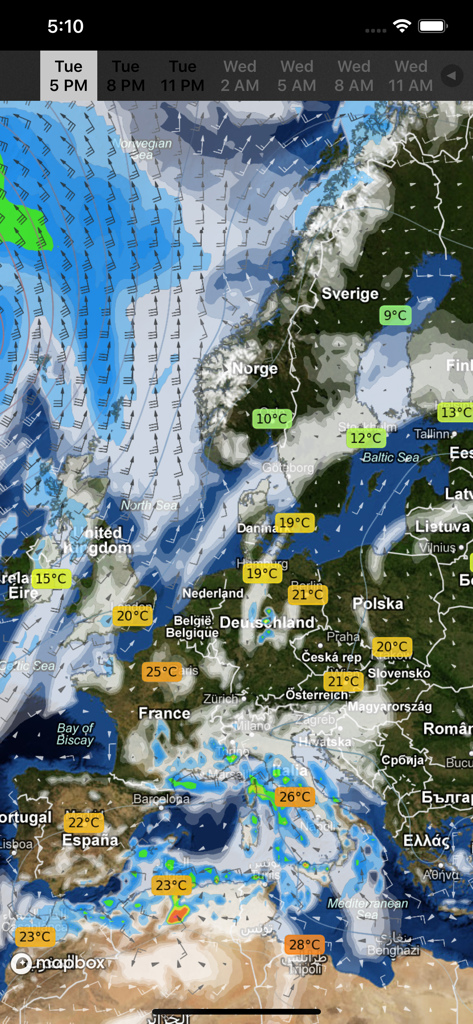 Mapa interactivo de WeatherMap plus que muestra datos de viento y temperatura en Europa