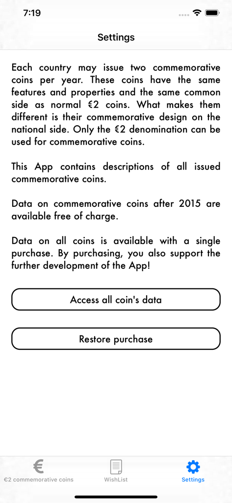 2 Euro coins - Écran des paramètres de l'application 2 Euro coins montrant des informations sur les designs de pièces commémoratives et l'accès aux données complètes des pièces