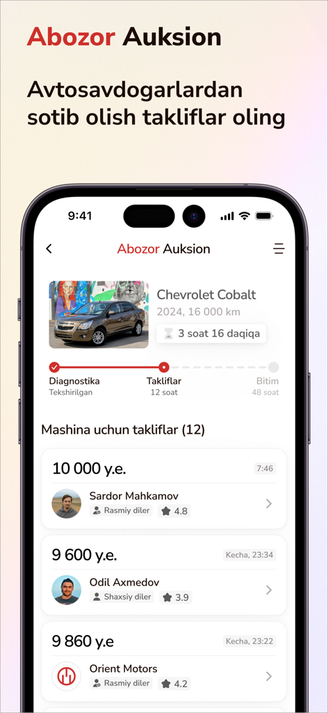 Abozor - Abozorモバイルアプリのオークション画面。Chevrolet Cobaltの車のディーラーからの価格オファーを表示しています。