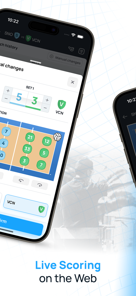 VolleyStation Score - 디지털 배구 코트에서 실시간 경기 결과 및 선수 포지션을 표시하는 VolleyStation Score 앱 인터페이스