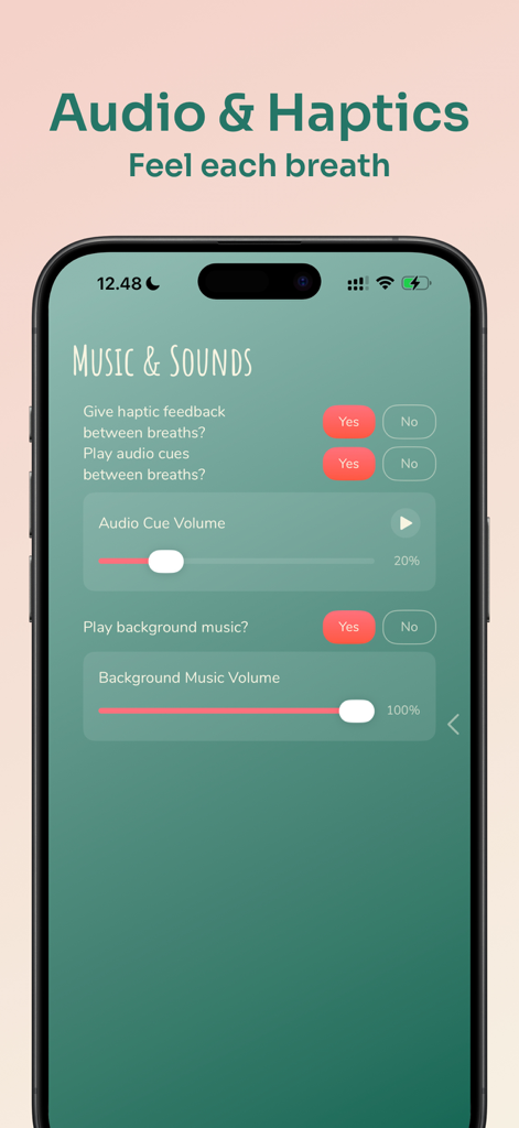 Paced Breathing - Breath Coach - Audio and haptic settings screen in the Paced Breathing app