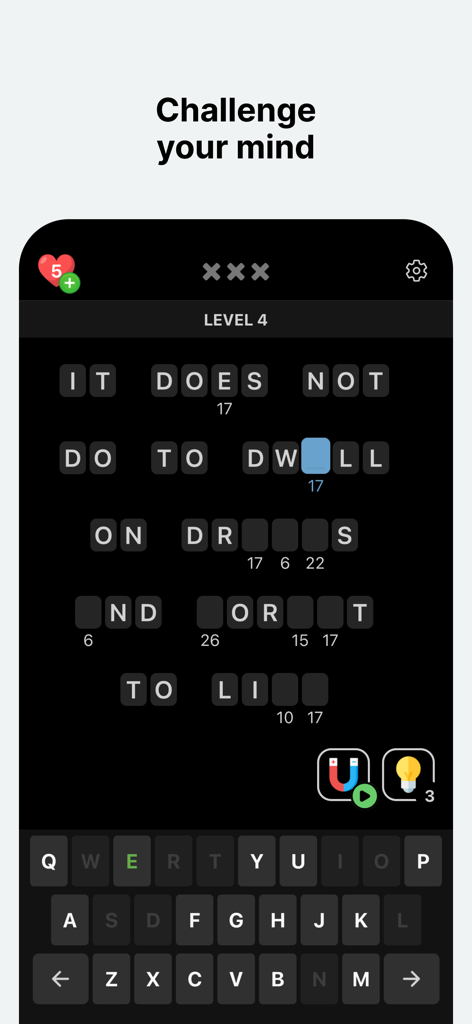 Cryptograms - Word Puzzles - クリプトグラムのモバイルゲーム画面、換字式暗号パズルとキーボードが表示されている