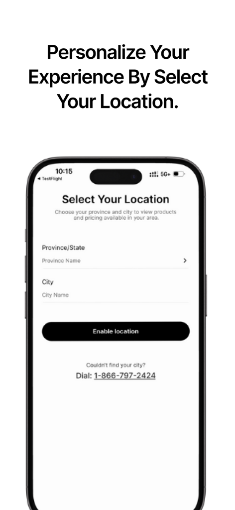 Dial a Bottle app interface for users to select their province or state and city to view local alcohol delivery options
