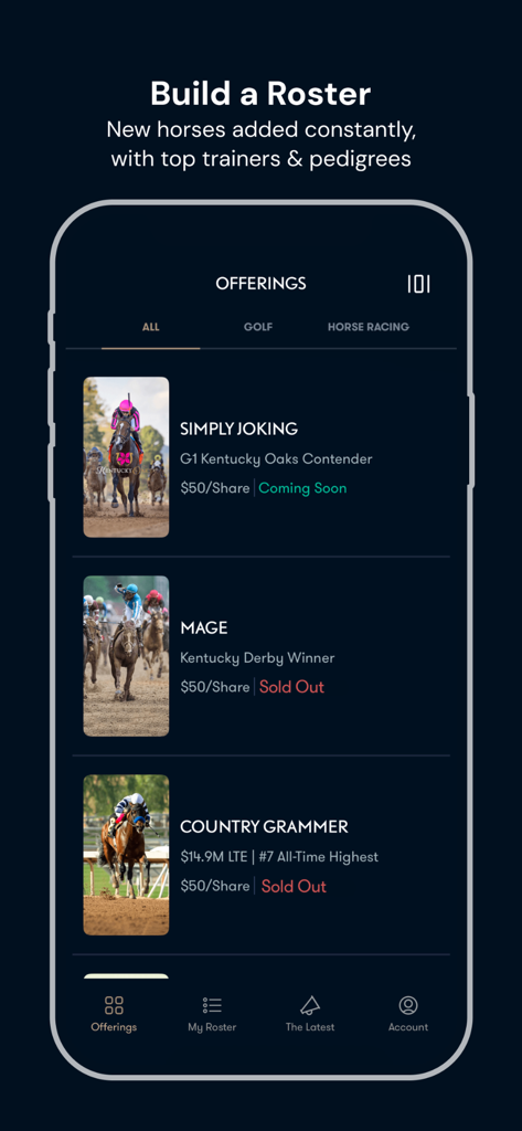 CMNWLTH - Mobile app interface showing horse racing investment opportunities with elite pedigrees