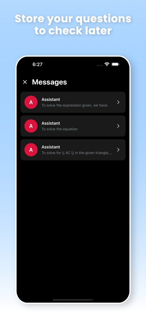 Unriddle Ai : Math Helper - Oberfläche von Unriddle AI, die eine Liste gespeicherter mathematischer Fragen und KI-Lösungen für zukünftige Referenz zeigt