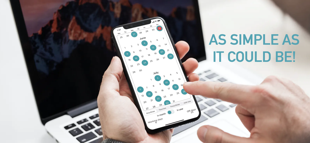 Simple Working Calendar - A hand holding a smartphone displaying the Simple Working Calendar app with a monthly work shift rotation.