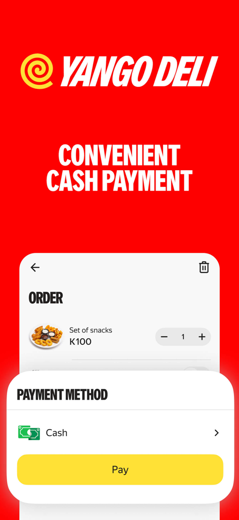 Yango Deli: food delivery - Yango Deli app interface showing the cash payment method for a food order