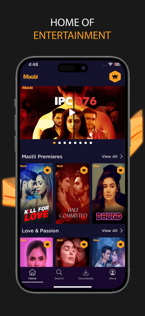 Mastii: OTT, Web Series, Shows - Home screen of the Mastii app showing various South Asian web series and original content posters like IPC 376 and Kill For Love.