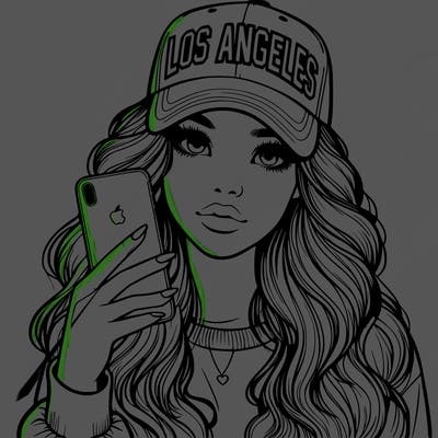 realistic beautiful girl wearing los ángeles cap holding an iphone