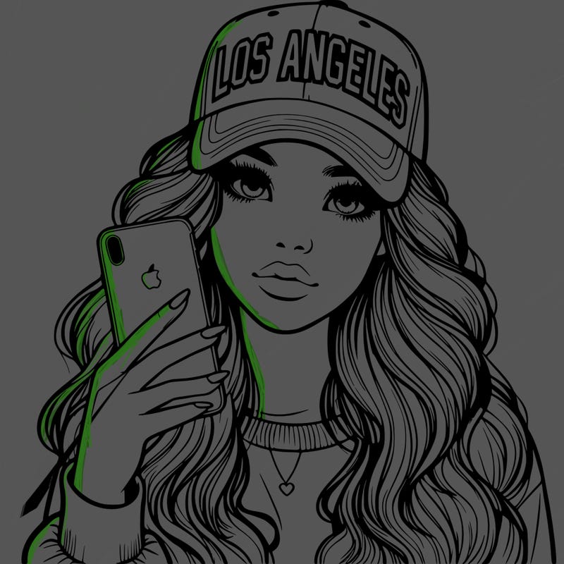 realistic beautiful girl wearing los ángeles cap holding an iphone
