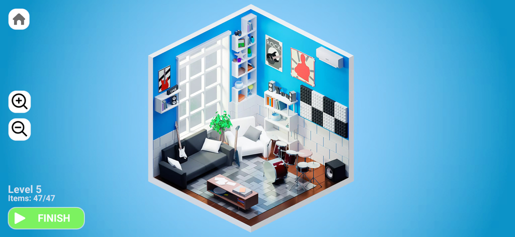 Interior Designer - Decor Life - インテリアデザイナー デコライフアプリのドラムとギターのあるアイソメトリックな音楽スタジオのデザイン