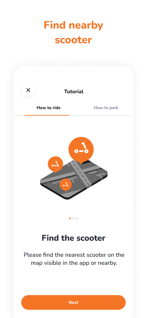 Kai Ride - Tela de tutorial do aplicativo Kai Ride mostrando uma ilustração de mapa para encontrar patinetes elétricos próximos