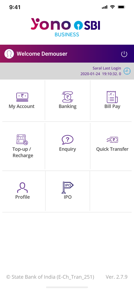 Yono Business SBI - Yono Business SBI mobile app dashboard with icons for account management banking and bill payments