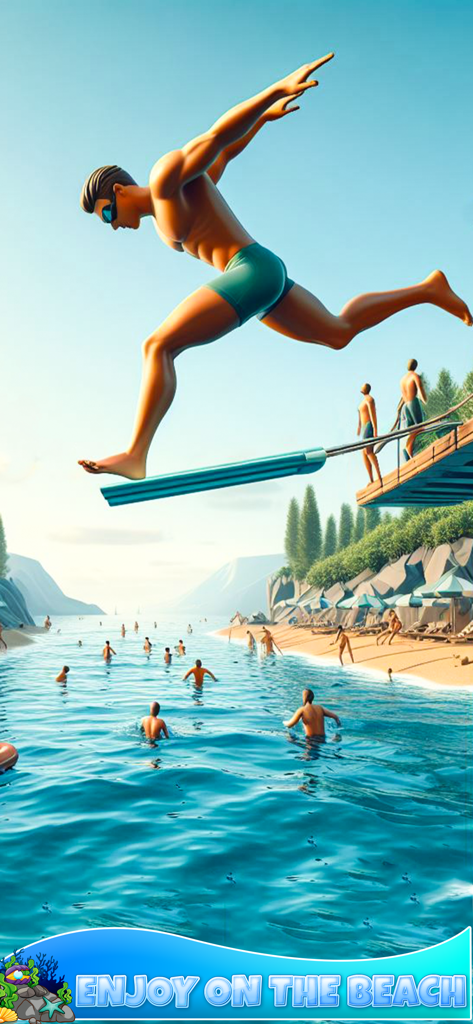 A character jumping off a diving board into the ocean at a crowded beach in Flip Diving Master