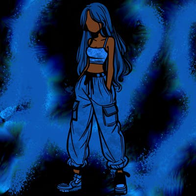 girl in baggy pants crop top and long hair