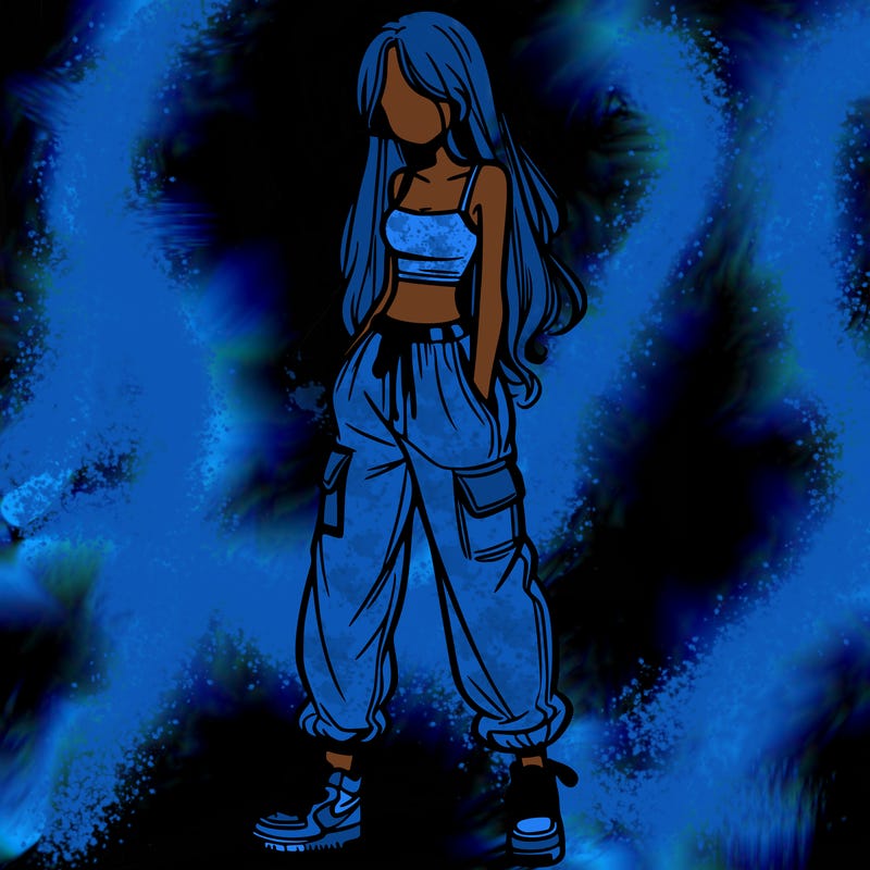 girl in baggy pants crop top and long hair