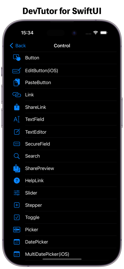 Screenshot of the DevTutor app showing a menu of SwiftUI UI controls like Button TextField and Toggle