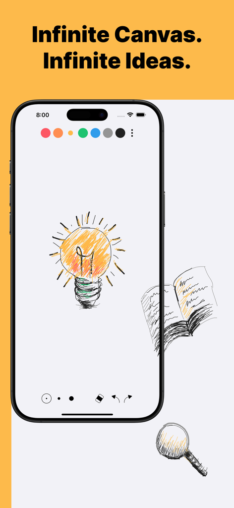 NiBoard whiteboard app interface displaying an infinite canvas with sketches of a lightbulb and a book