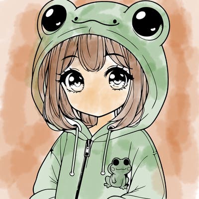 cute realistic girl in a froggy hoodie