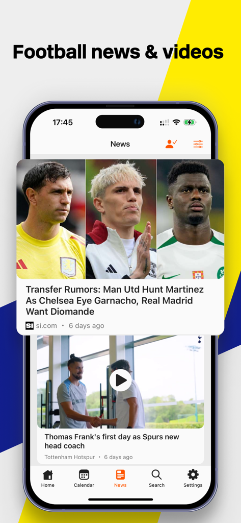 Forza Football - Live Scores - Forza Football app screen displaying soccer transfer rumors and video highlights