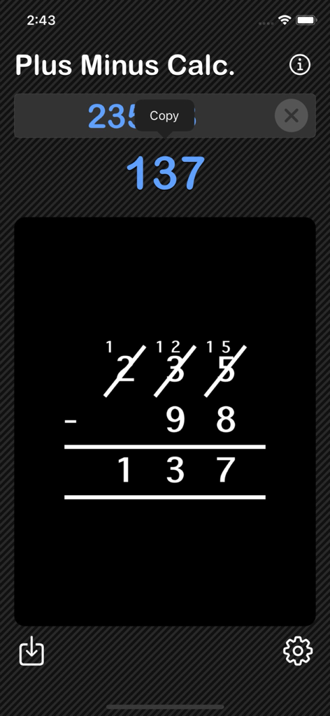 Plus Minus Calculator - Calculadora Mais Menos mostrando subtração passo a passo com trabalho de reagrupamento