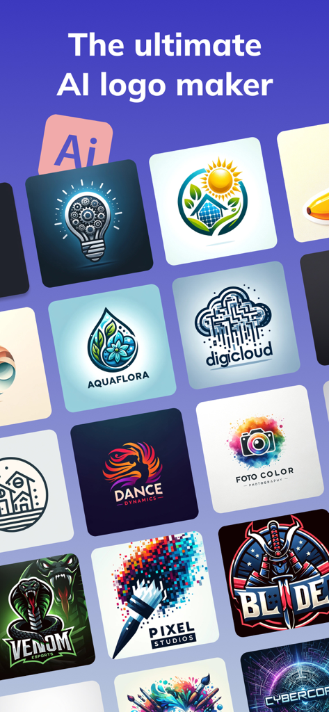 AI Logo Maker - Design Creator - Une grille de divers logos professionnels créés avec LogoBrain AI montrant des styles variés pour les entreprises et les créateurs