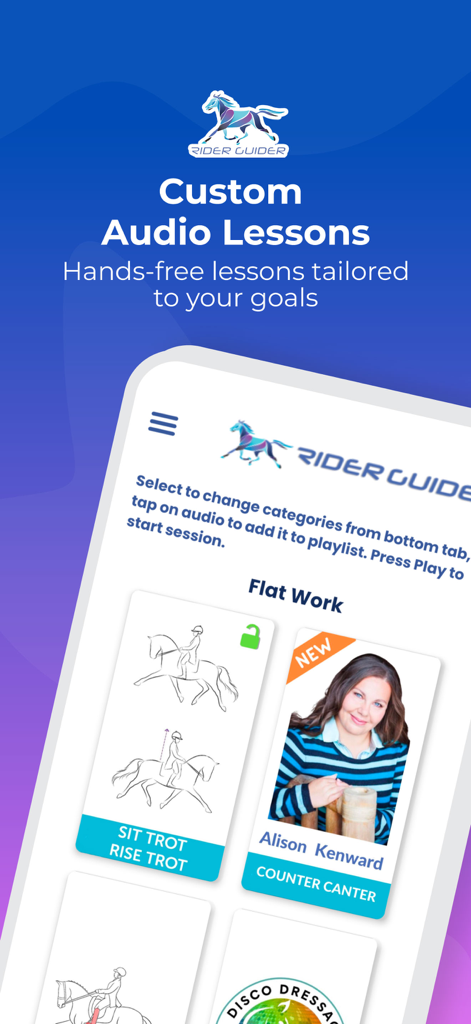 Rider Guider Equestrian App - Rider Guider app screen showing custom hands-free audio lessons for equestrian training and dressage