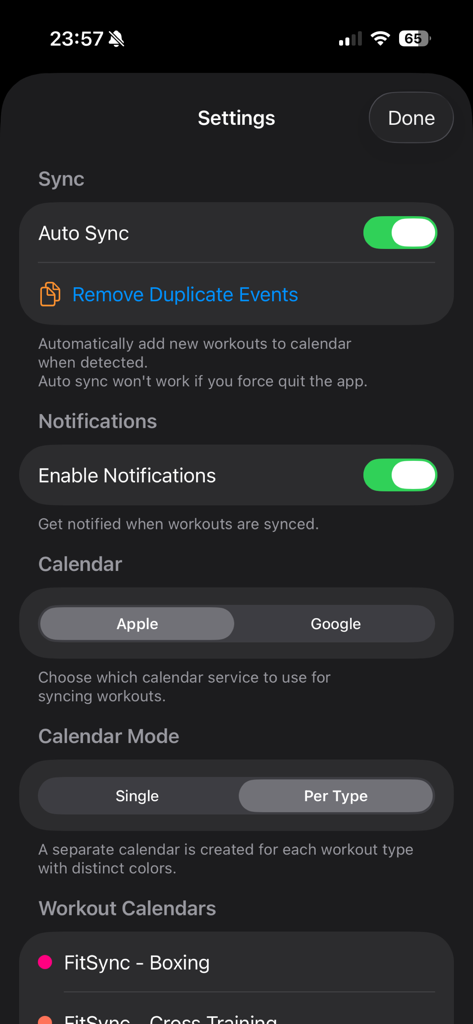 FitSync - Workout to Calendar - FitSync app settings screen showing sync options, calendar selection, and workout type modes.