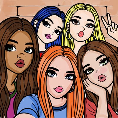 group of teen girls friends y2k up close in a selfie