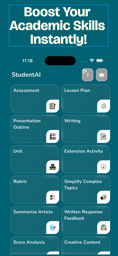 Dashboard of the Goth AI app showing academic tools like Lesson Plan, Writing assistant, and Summarize Article