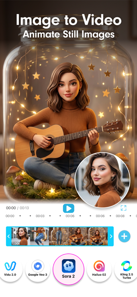 YouCam Video App-Oberfläche, die die Funktion Bild zu Video zeigt, die KI-Modelle verwendet, um ein Standbild zu animieren