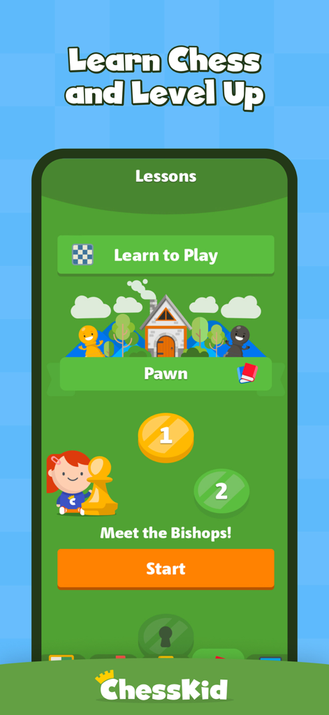 Chess for Kids: Learn to Play - ChessKid app lessons screen featuring a gamified interface for children to learn chess.