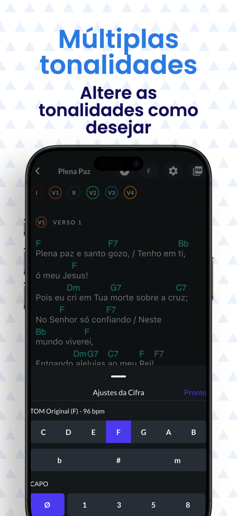 Harpa Cristã Cifrada (PRO) - Interface do aplicativo Harpa Cristã Cifrada PRO mostrando a ferramenta de transposição de tonalidade e acordes para um hino