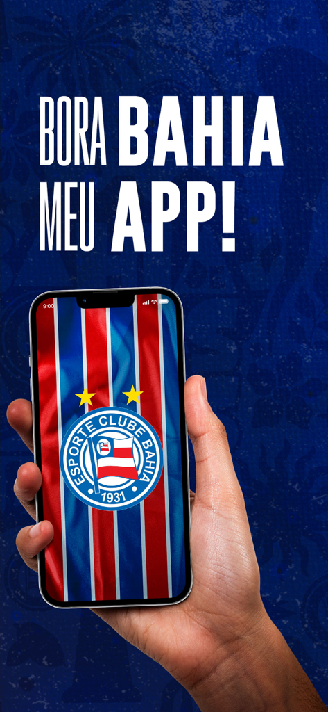 EC Bahia - Una mano sosteniendo un teléfono inteligente que muestra la aplicación oficial EC Bahia con el logo y los colores del equipo