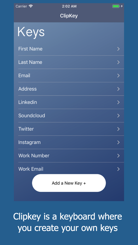 Interface of ClipKey app showing a list of custom keyboard shortcuts for quick text entry.