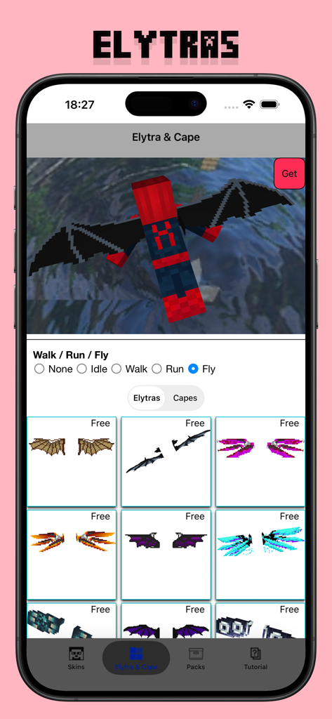 Skins for Minecraft - Skinseed - Minecraft skin customization app interface showing various free elytra and wing designs for player characters